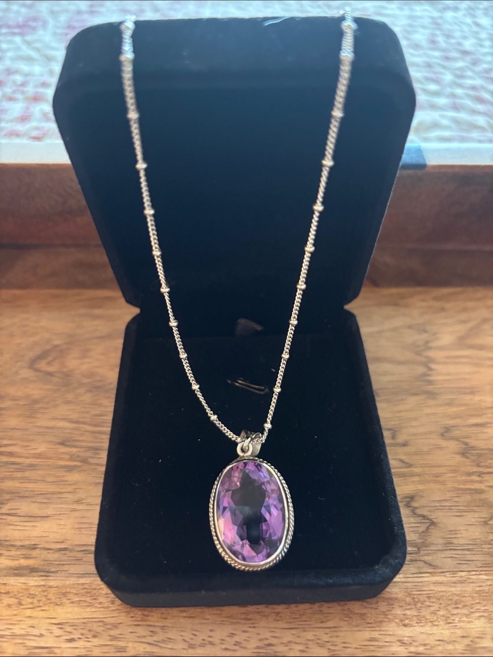 Genuine Amethyst Pendant and Sterling Silver 16-Inch Beaded Chain